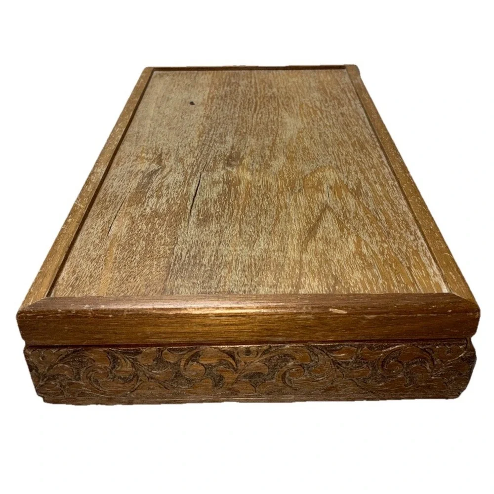 Jewelry Box Geometric Wood Carved‎ Side Velvet Mustard Lining Vintage MCM *flaws
